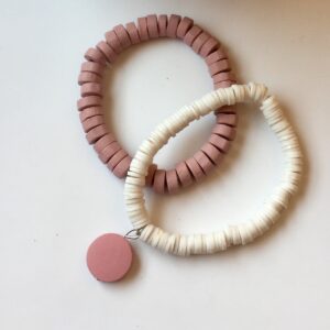 Pink & White Heishi & Wooden Bracelet